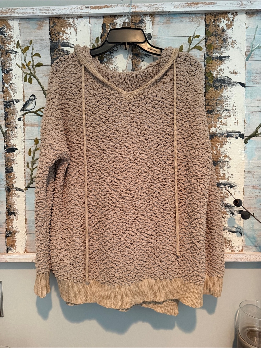 Miracle V-Neck Popcorn Knit Hoodie in Taupe